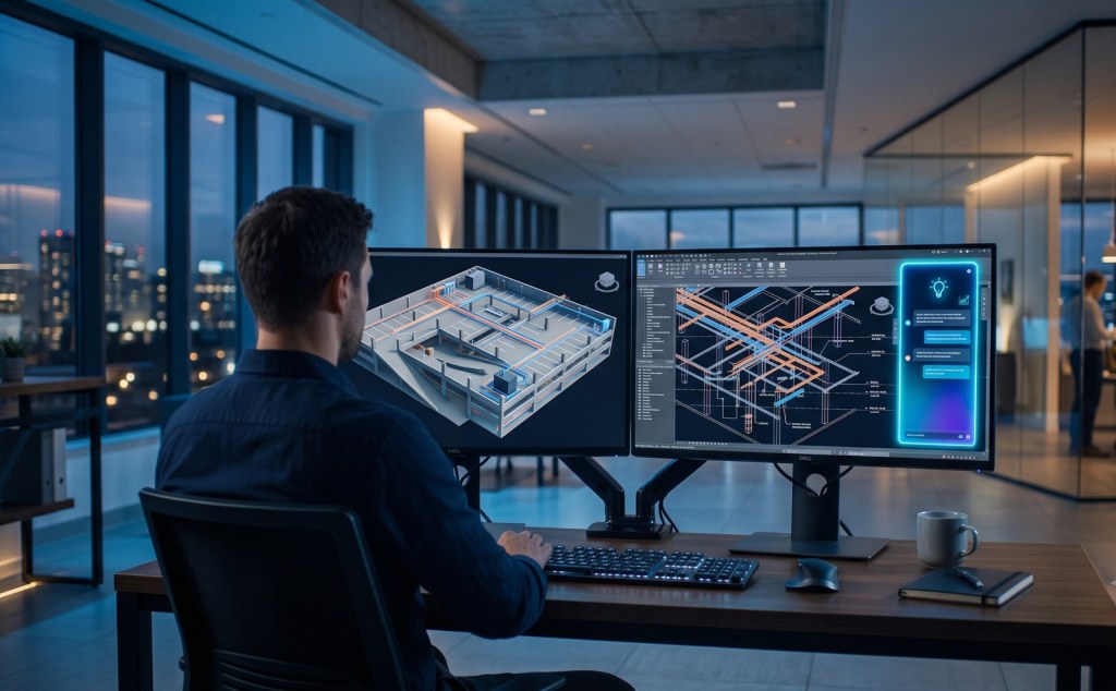 Engineer using AI and BIM software in Revit for construction automation